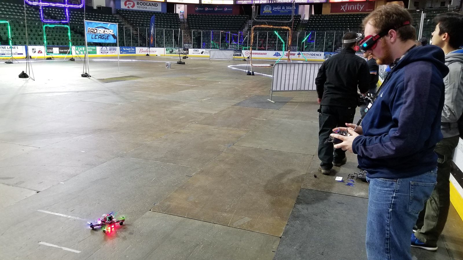 Alex Hawthorne tests drone inside arena