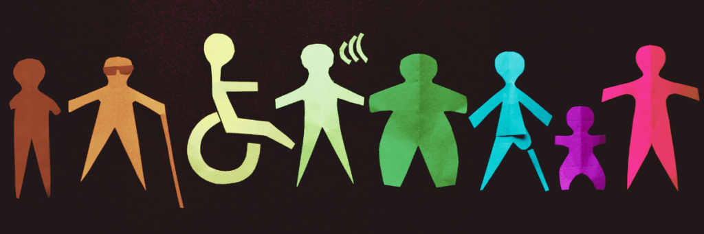 Accessibility 101 course banner showing diverse human cutouts in different colors representing different disabilities and diversity.