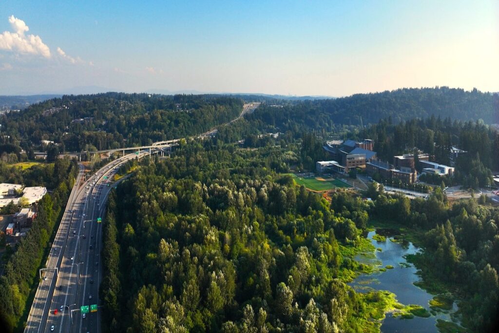 Aerial view of a highway curving through a forested area with water and buildings nearby.
