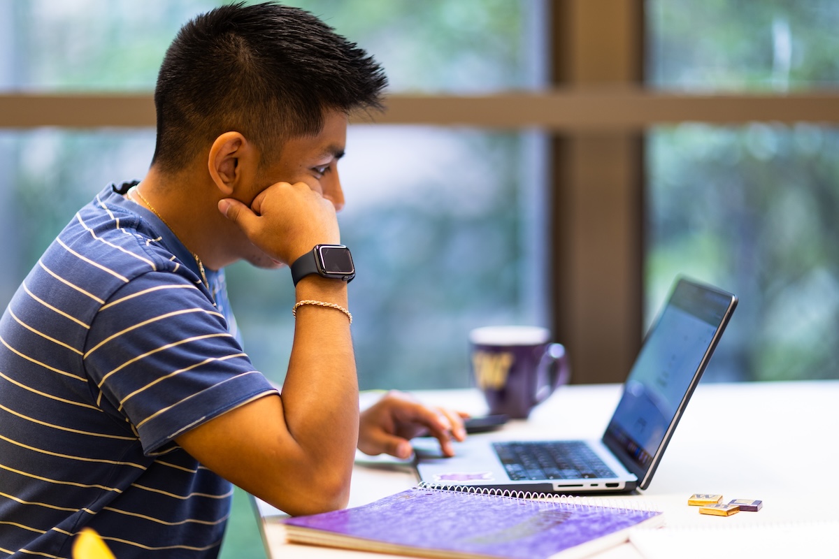 A student studies on a laptop at a desk beside a window.