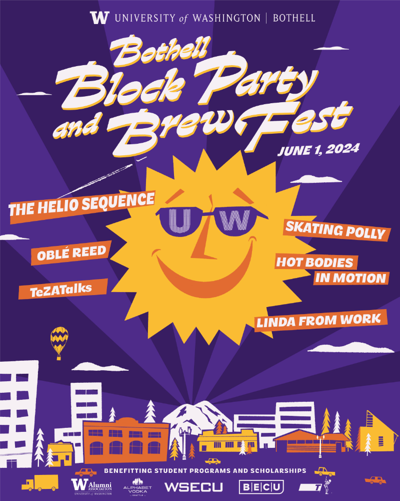 The Bothell Block Party and Brew Fest flyer showing a large sun in the center wearing sunglasses and smiling over a small city block.