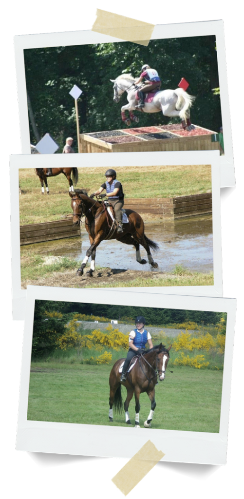Three polaroid-style photo frames featuring historic photos of Stephanie riding horses, an activity referenced in the corresponding article. The top image shows Steph riding a white horse that is jumping over a box, wow. The second photo shows Steph riding a brown horse out of a water obstacle. The third photo shows Steph riding a brown horse that is walking. 