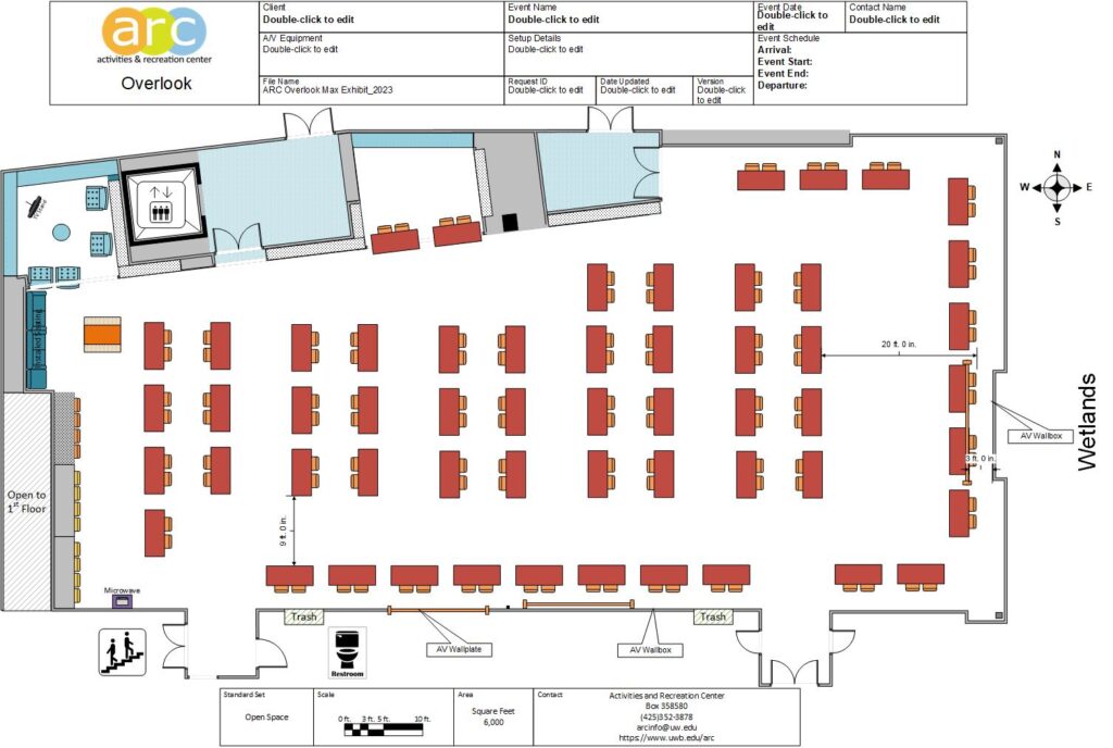 Diagram of room with fifty six rectangular tables distributed throughout the room for a exhibit style set up.