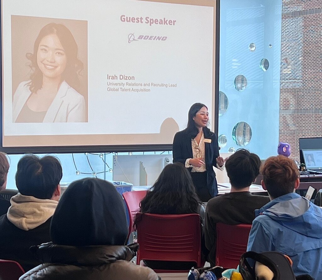 Irah Dizon speaks in front of a room of students at the Pathways event.