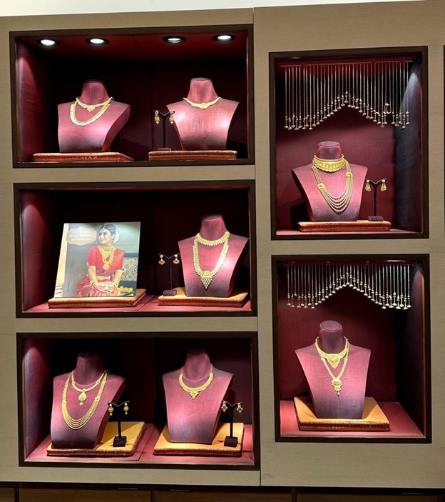 Gold necklaces on display
