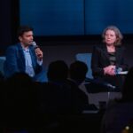 Dean Sophie Leroy and keynote speaker Aseem Datar.