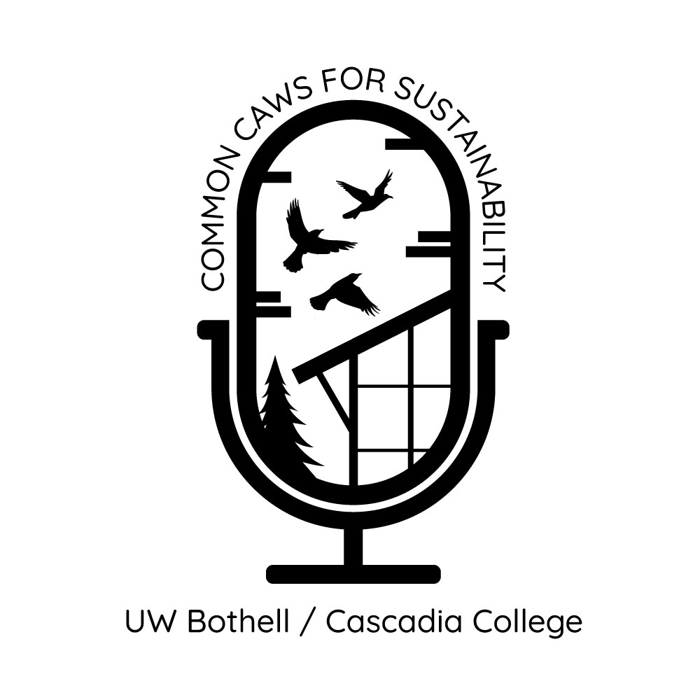 Microphone with the words "common caws for sustainability" around it and a UW Bothell building and three crows inside of it.