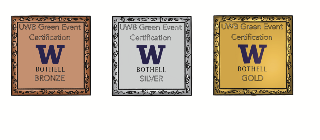 Bronze, silver, and gold square with UW Bothell logo and Green Event Certification