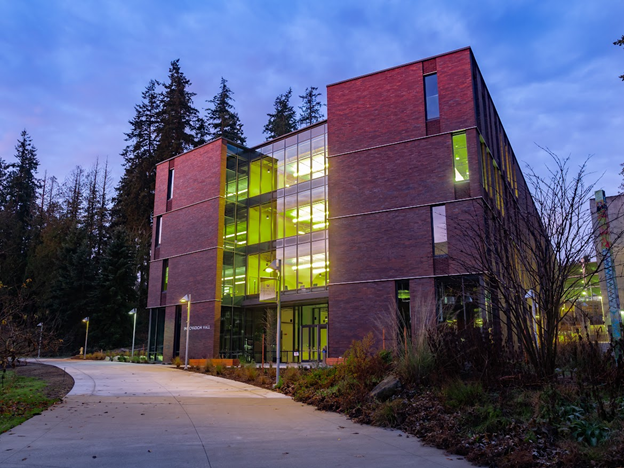 Front shot of Innovation Hall at dusk.