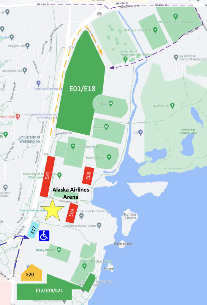 Map of parking lots on the UW campus near the Alaska Airlines arena.