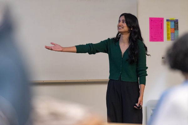 Student pointing at whiteboard during presentation