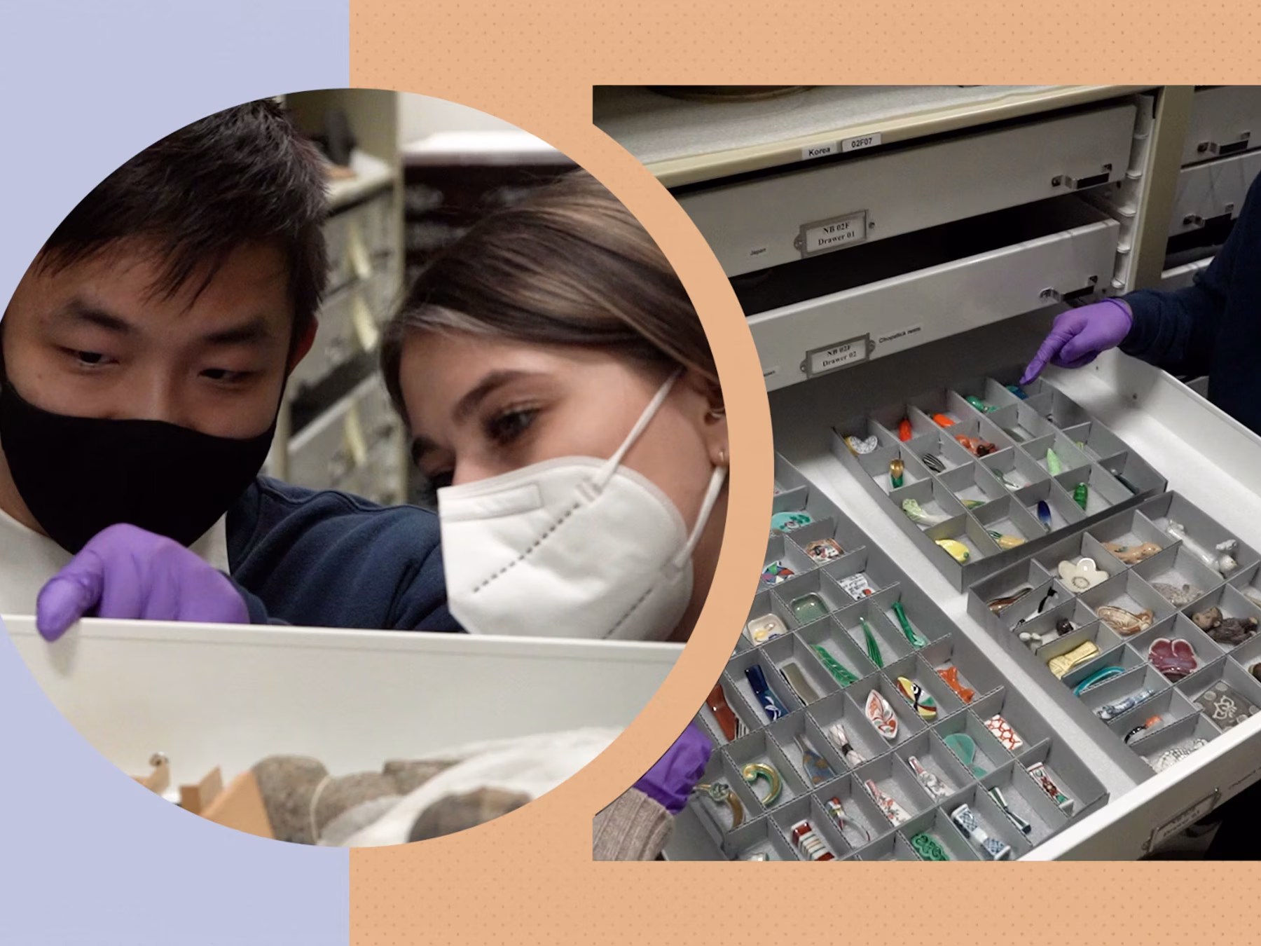 Students look through small archive of historical artifacts (like thread, beads, or charms)