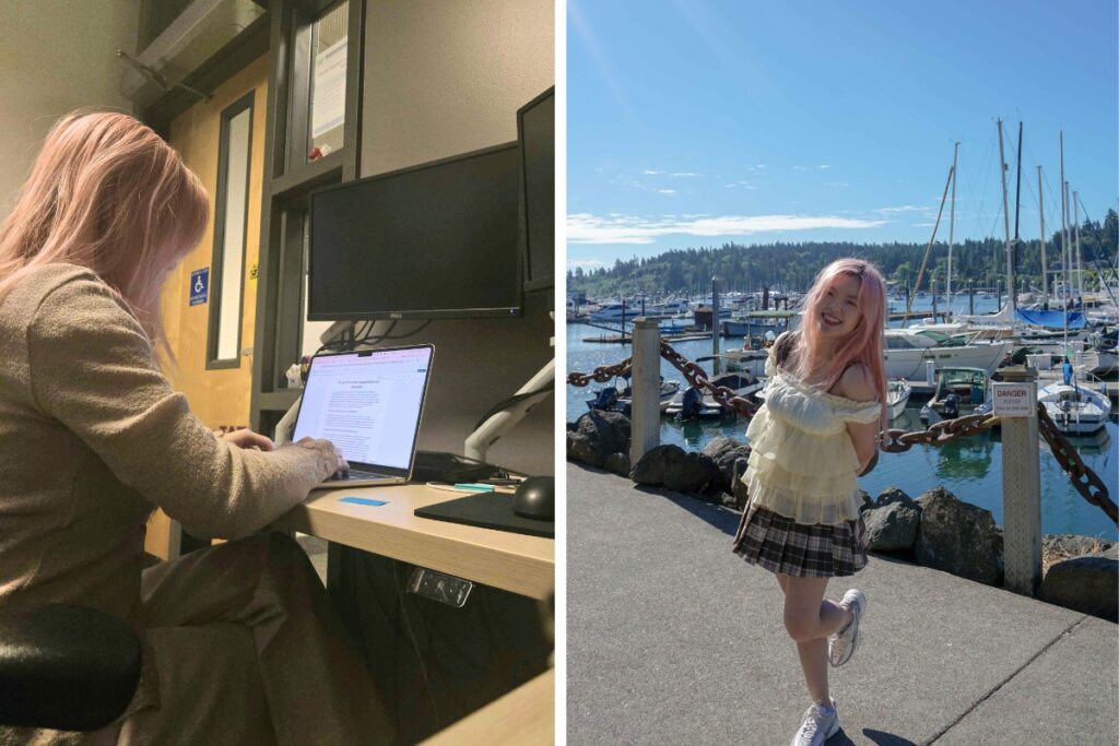 Tina at her desk working, and also at the Marina with a blue sky behind