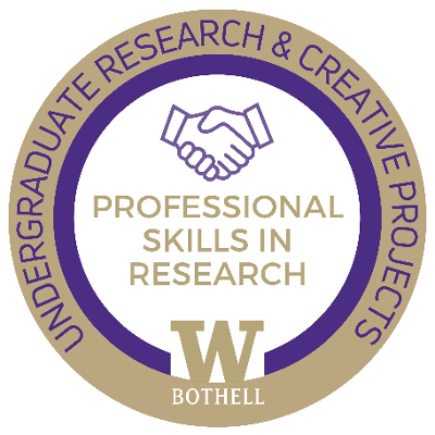 Digital badge: Undergraduate Research & Creative Projects, Professional skills in research, W Bothell. Icon shaking hands.