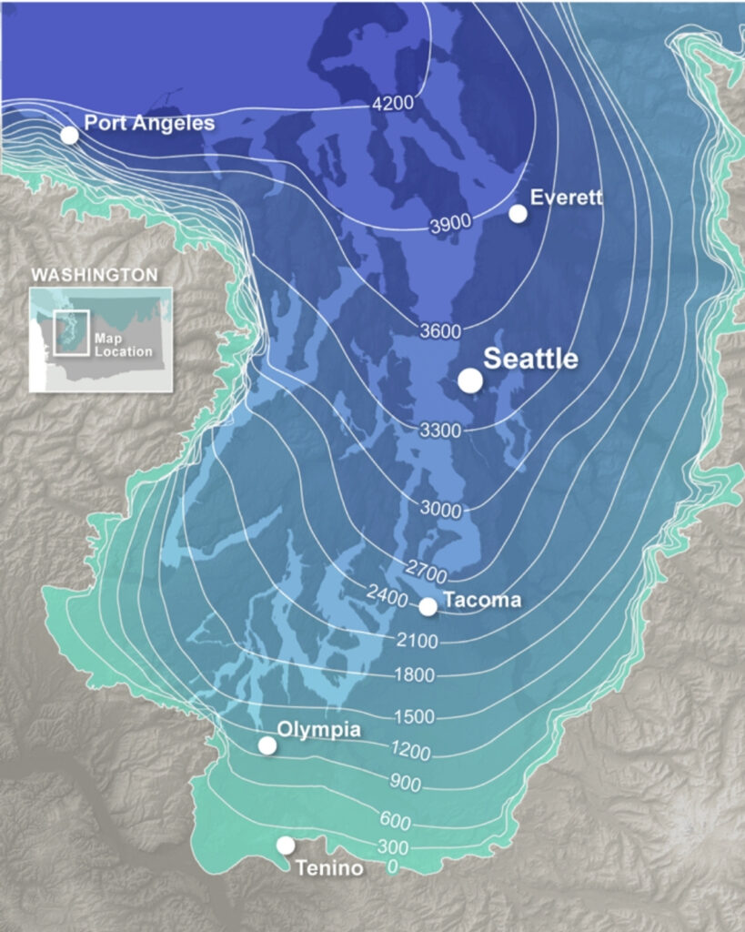 A giant sheet of glacial ice from the north once covered the Puget Sound. It was About 1000 feet thick in Olympia, 2400 feet in Tacoma, 3400 feet in Seattle and over 4000 feet thick over Whidbey Island.