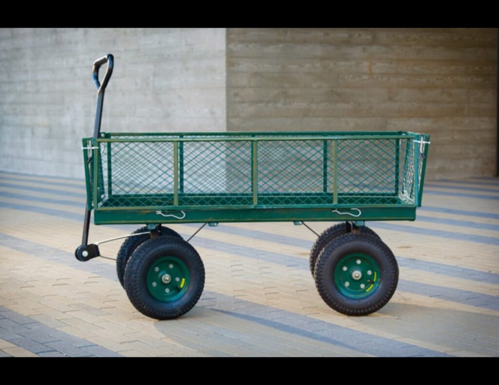 Green wagon with metal mesh sides