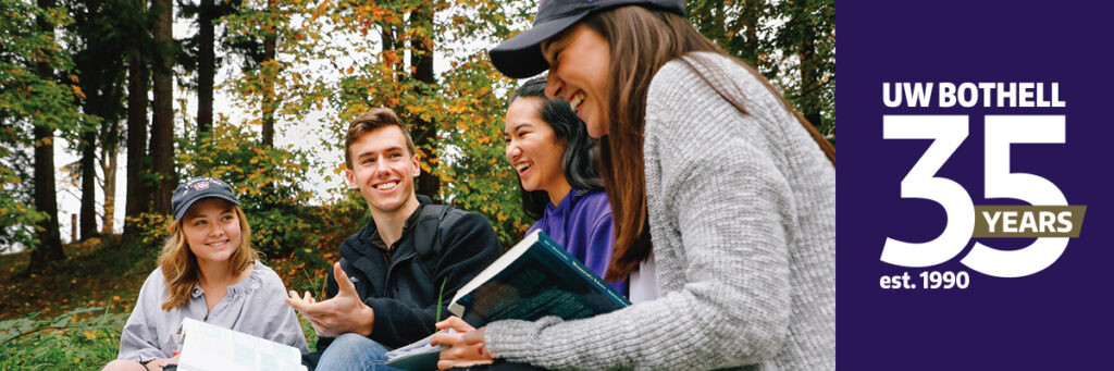 Photo of students studying and UW Bothell's 35th Anniversary logo