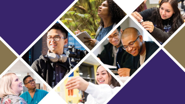 Decorative graphic containing photos of students in various campus settings.