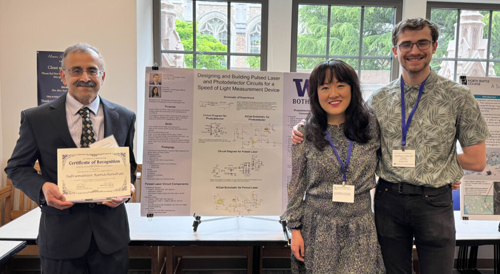 Dr. Subramanian Ramachandran, Carol Miu and Joey Del Gianni post in front of their project poster.