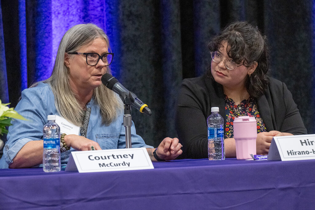UW Bothell alumni Courtney McCurdy and Hiro Hirano-Holcomb speak on an alumni panel.