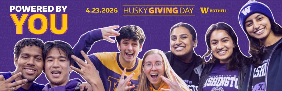 Students, happy and in purple and gold clothing
