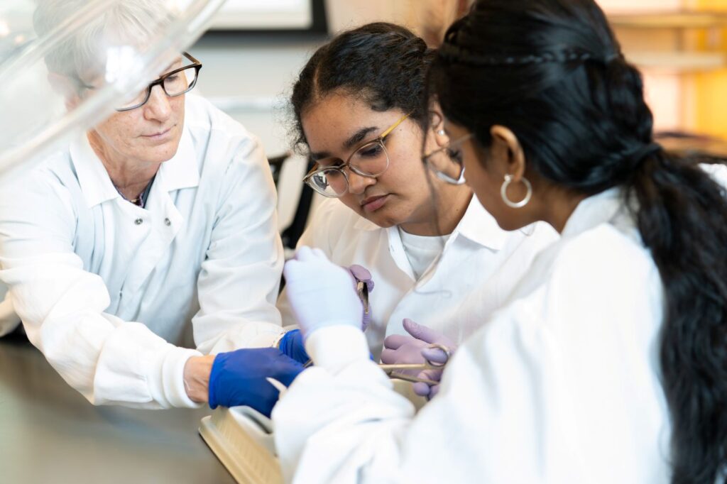 Students in lab coats learning