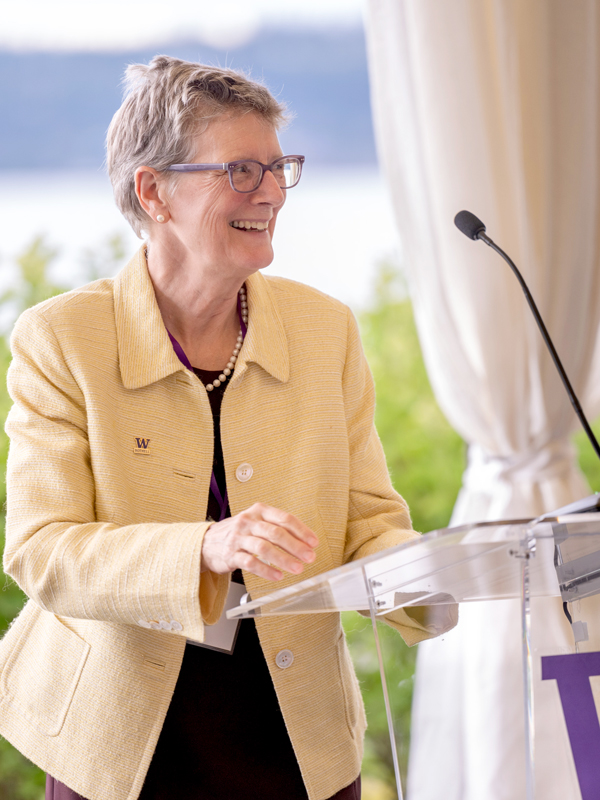 Candid photo of Chancellor Esterberg smiling while at the podium during the Recognition Reception.