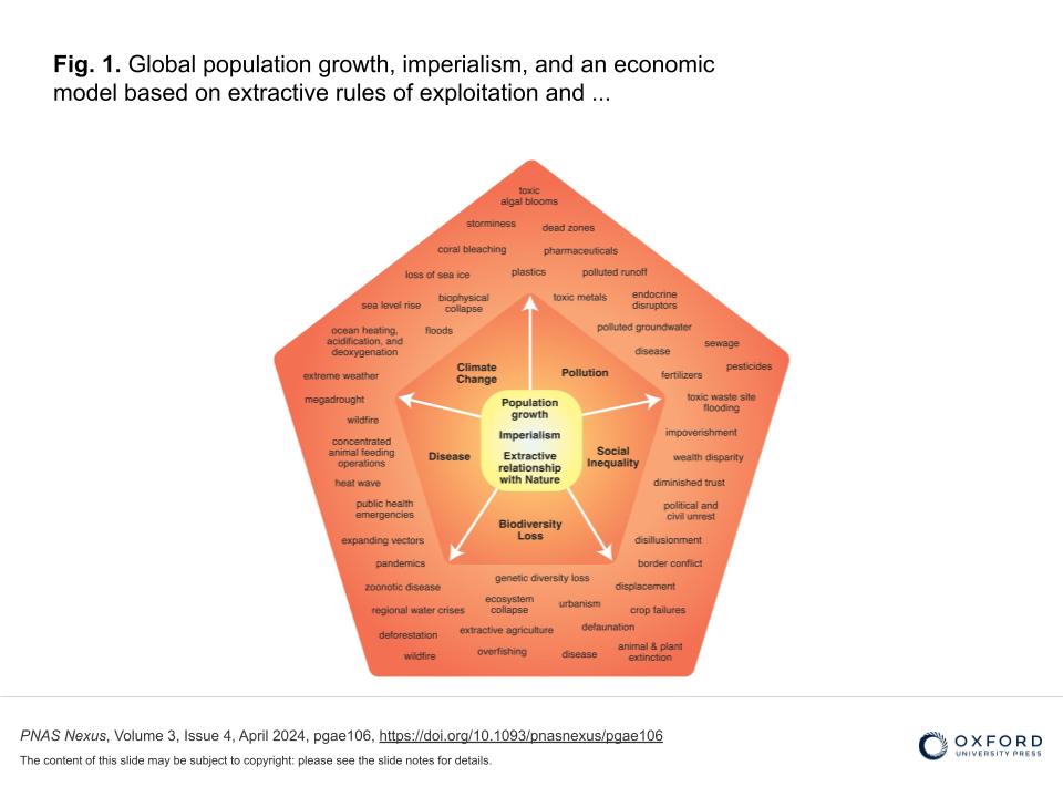 Diagram from a slide presentation. The diagram visualizes the global population growth, imperialism, and an economic model based on extractive rules of exploitation
