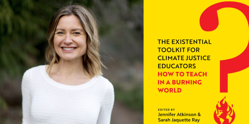Two images side by side. One is a picture of Jennifer Atkinson and the other is the cover of her book.