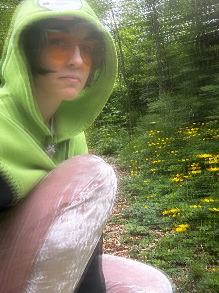 A person crouches on a forest path surrounded by green foliage and small yellow flowers. They are wearing a lime-green hoodie with a cartoon frog design on the hood, light pink velvet pants, and amber-tinted sunglasses. The atmosphere feels calm and introspective, blending playfulness with nature.