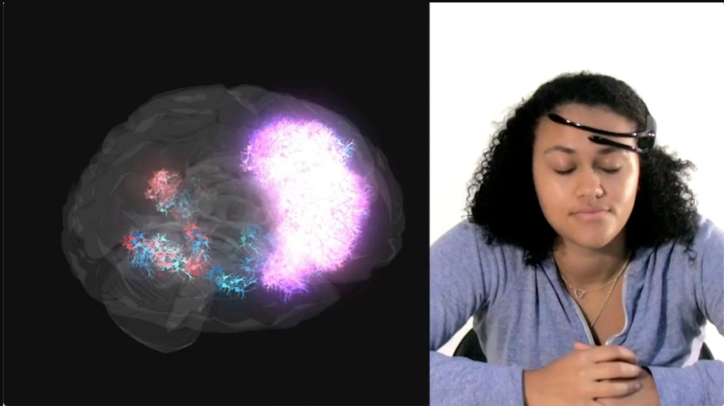 Screen capture from video documentation of participant session, accompanied by a brainwave visualization.