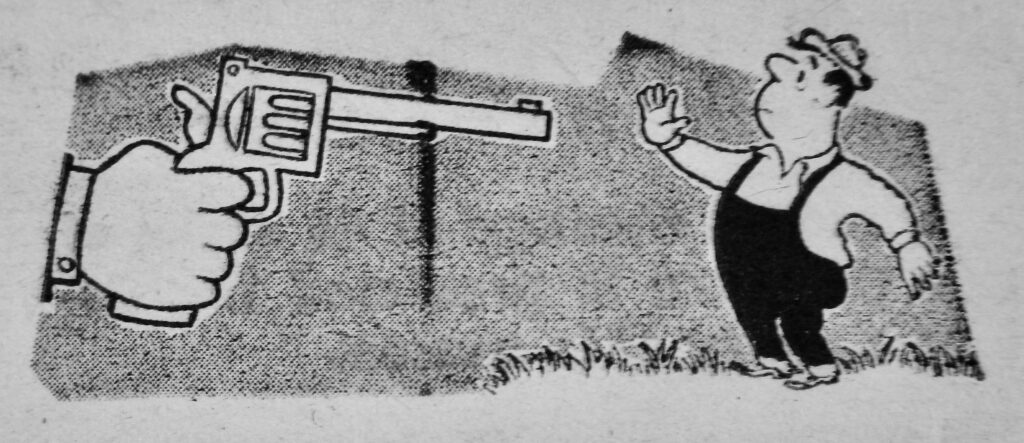 Black and white drawing depicting a farmer being held at gunpoint.