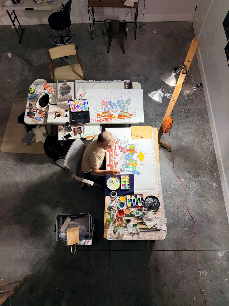 Masahiro Sugano painting in studio space at Interlude Artist Residency.