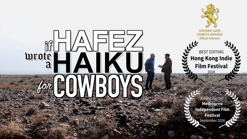 If Hafez Wrote a Haiku for Cowboys poster, with filmmaker, Sugano, speaking with another person in a barren desert.