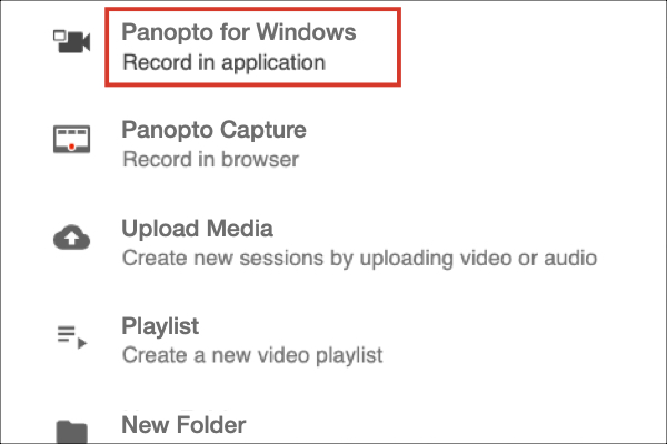 Panopto for Windows option highlighted