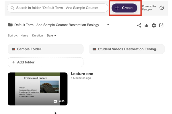 Panopto interface showing a video thumbnail and the create button
