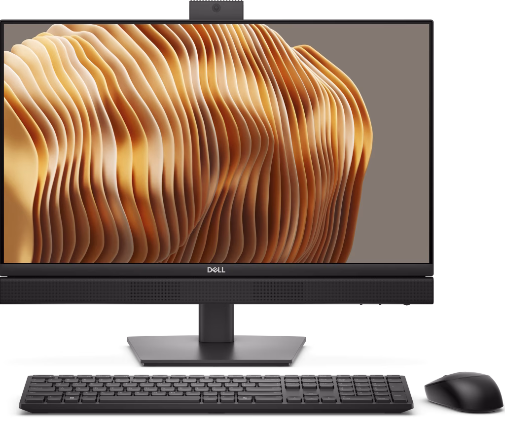 Dell Pro 24 all-in-one with keyboard and mouse, showing a colorful image on the display.