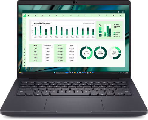 Dell Pro Max 14 laptop in dark grey showing graphs on the screen.
