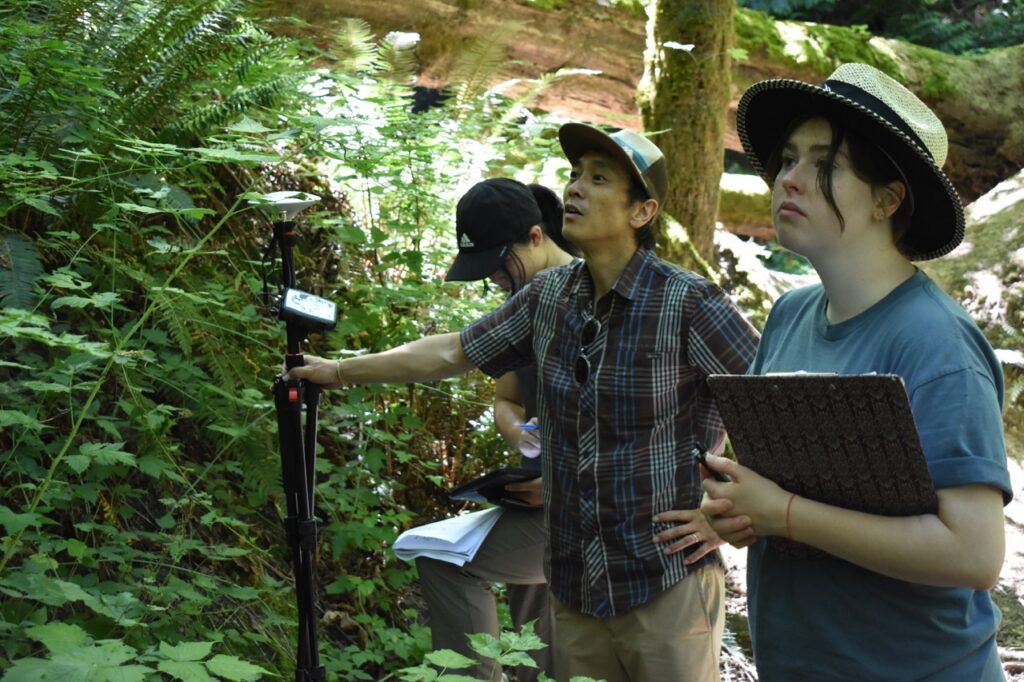 A group of people in a forest.