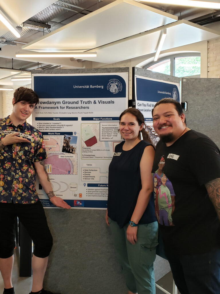 Three people stand next to a poster.