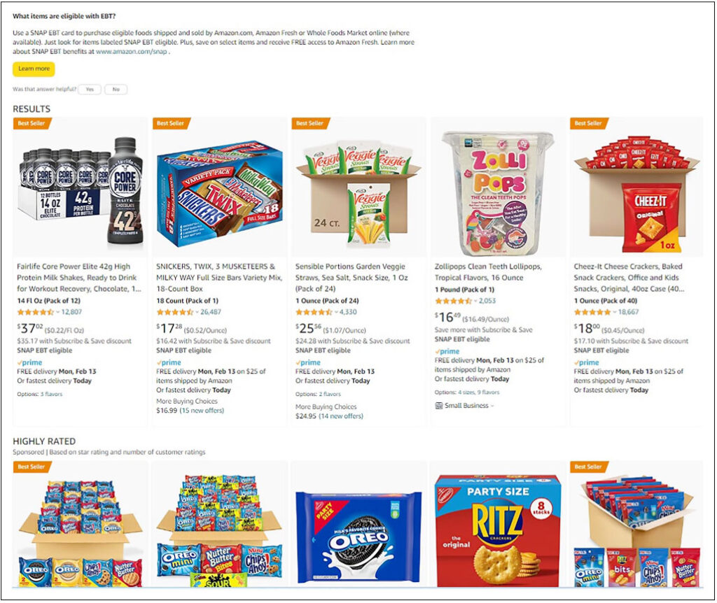 A screenshot of Amazon Fresh website showing products that include Oreo cookies, ritz crackers and other common junk foods.