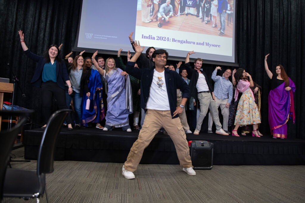 A group of people dancing.