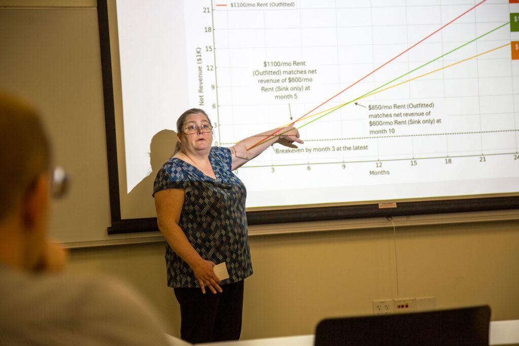 A person presenting in front of a projector.