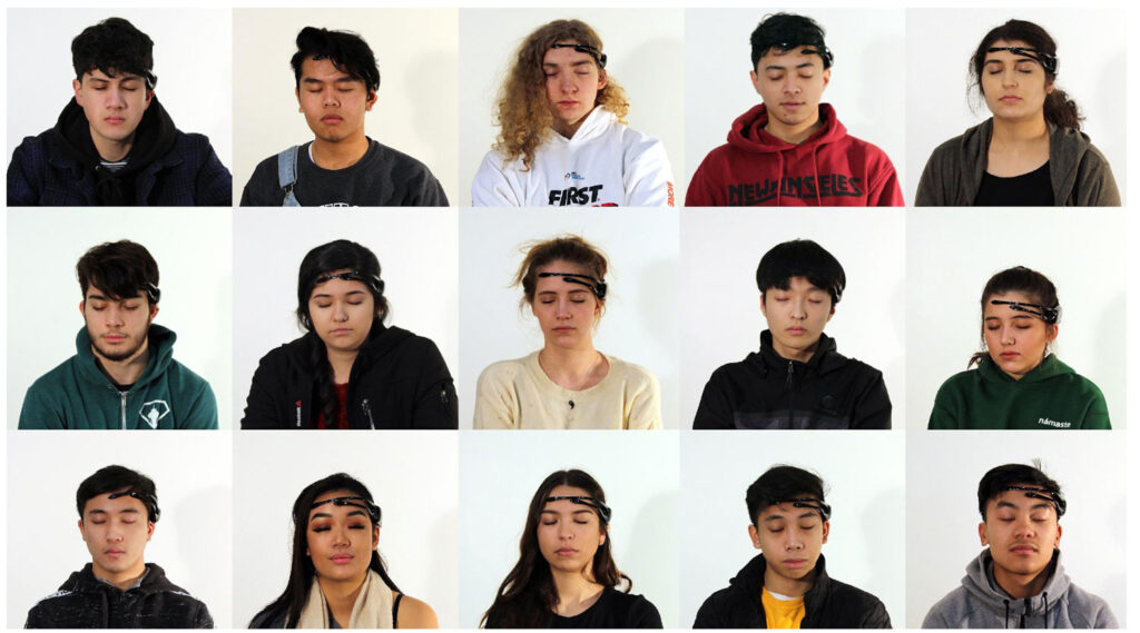 A collage of photos of people wearing EEG sensors.