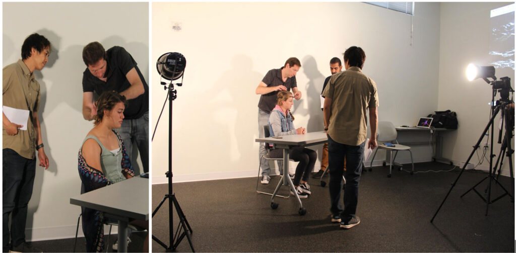 People adjusting an EEG sensor on a study participant.