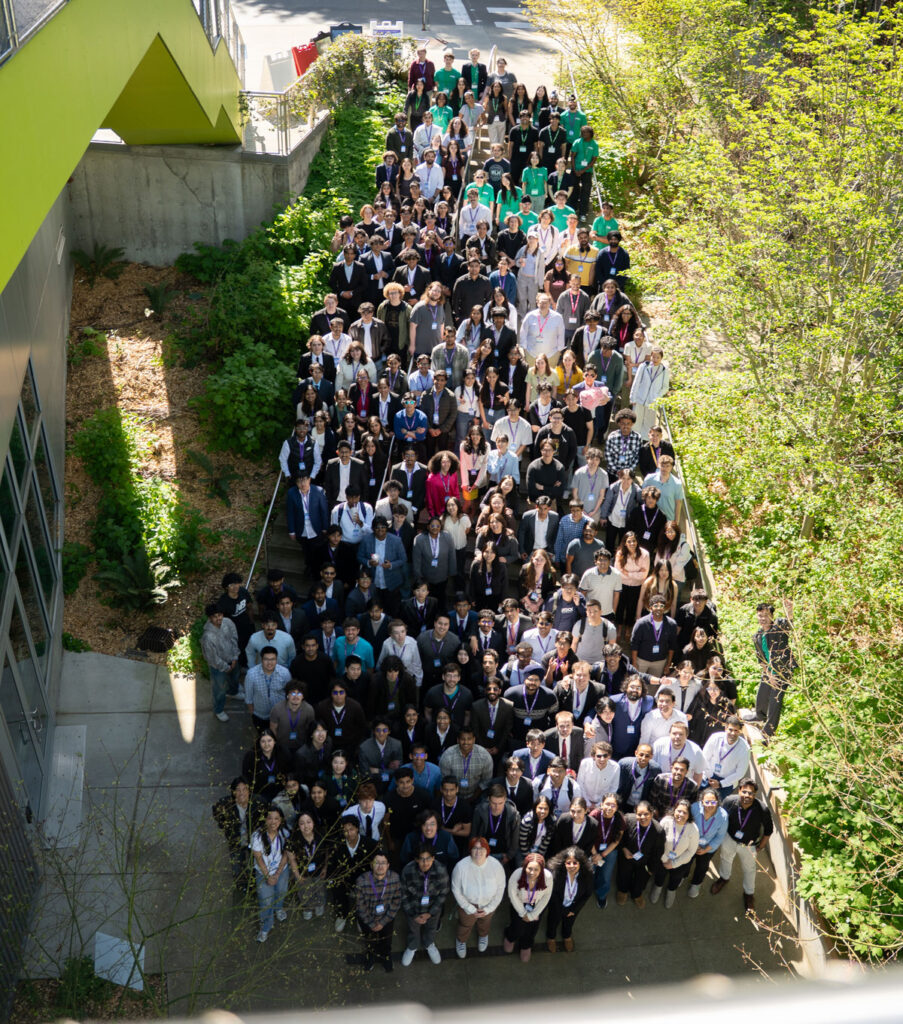 A large group of people as seen from above.