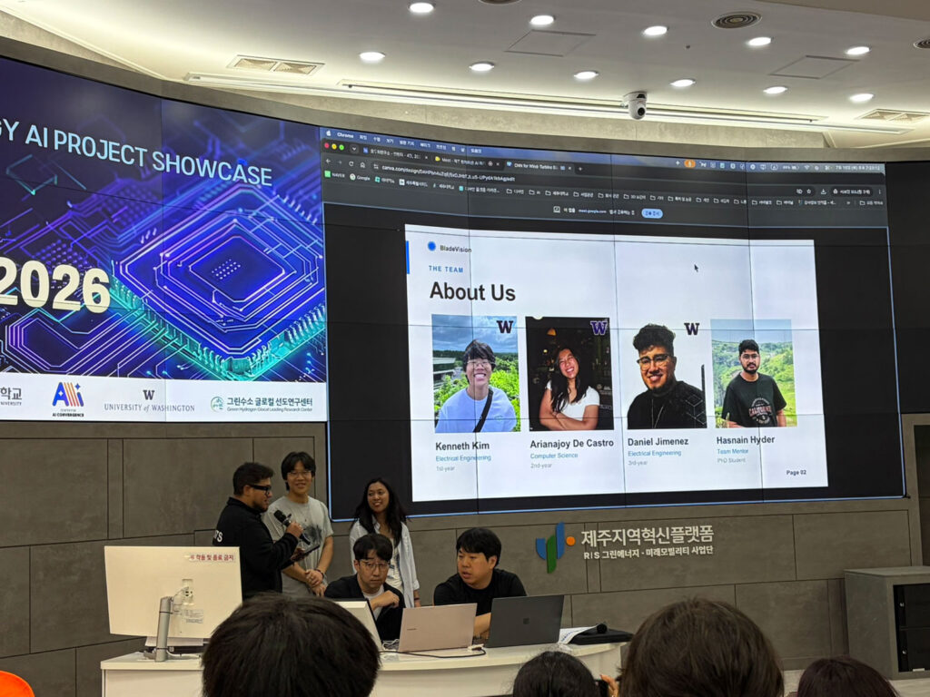 A group of people presenting to a room of people.