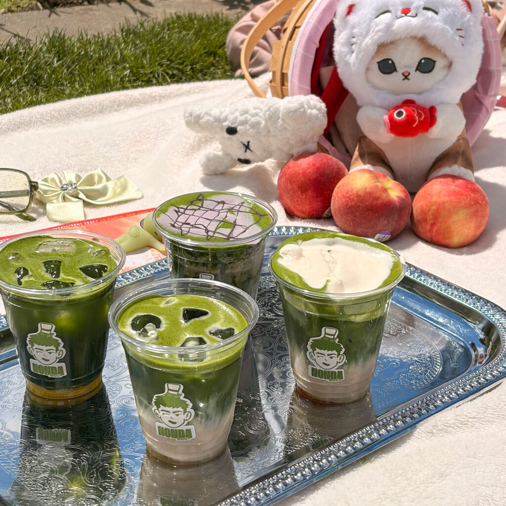 Four matchas on a tray.