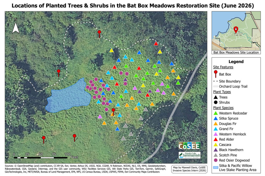 A map depicting locations of planted trees and shrubs.