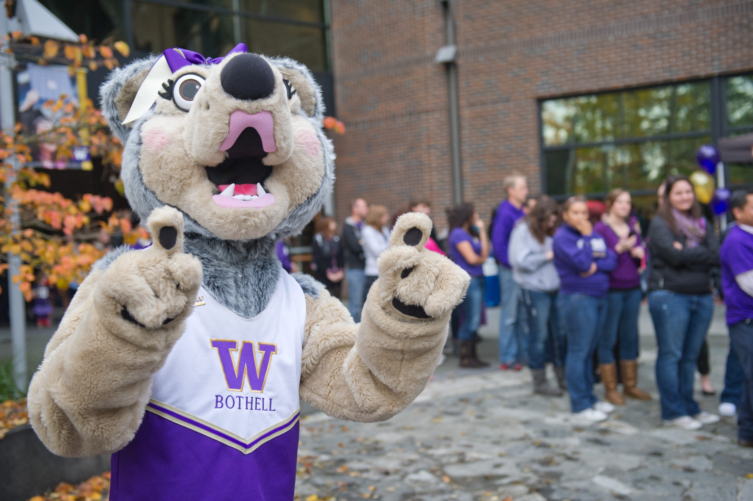 Holly the Husky mascot standing in front of a large group of people on the UW Bothell Promenade.